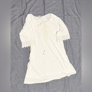 White Lace Trim Boho Tunic Dress L